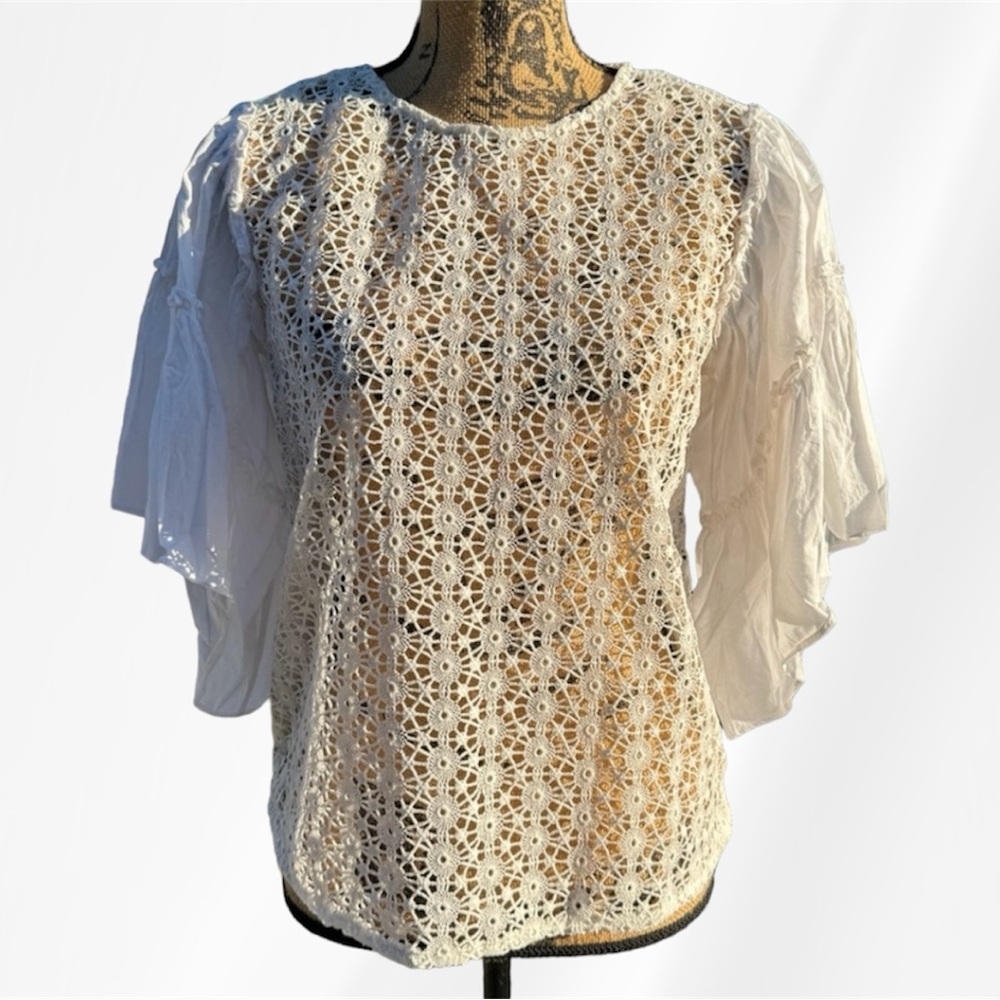 NWOT Maette Crochet Shirt with Puffy Statement Sleeves White Size Small